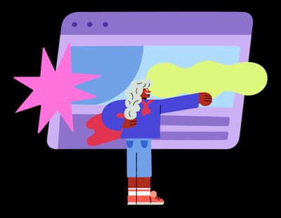 illustration colorée d'une personne en position de super-héro devant une page web